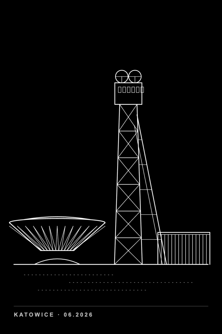 Line drawing of Katowice: the Spodek arena, a mine tower and the NOSPR concert hall
