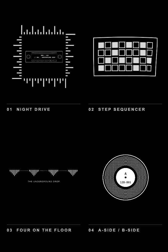 The four Underground Drop designs as white line art on black